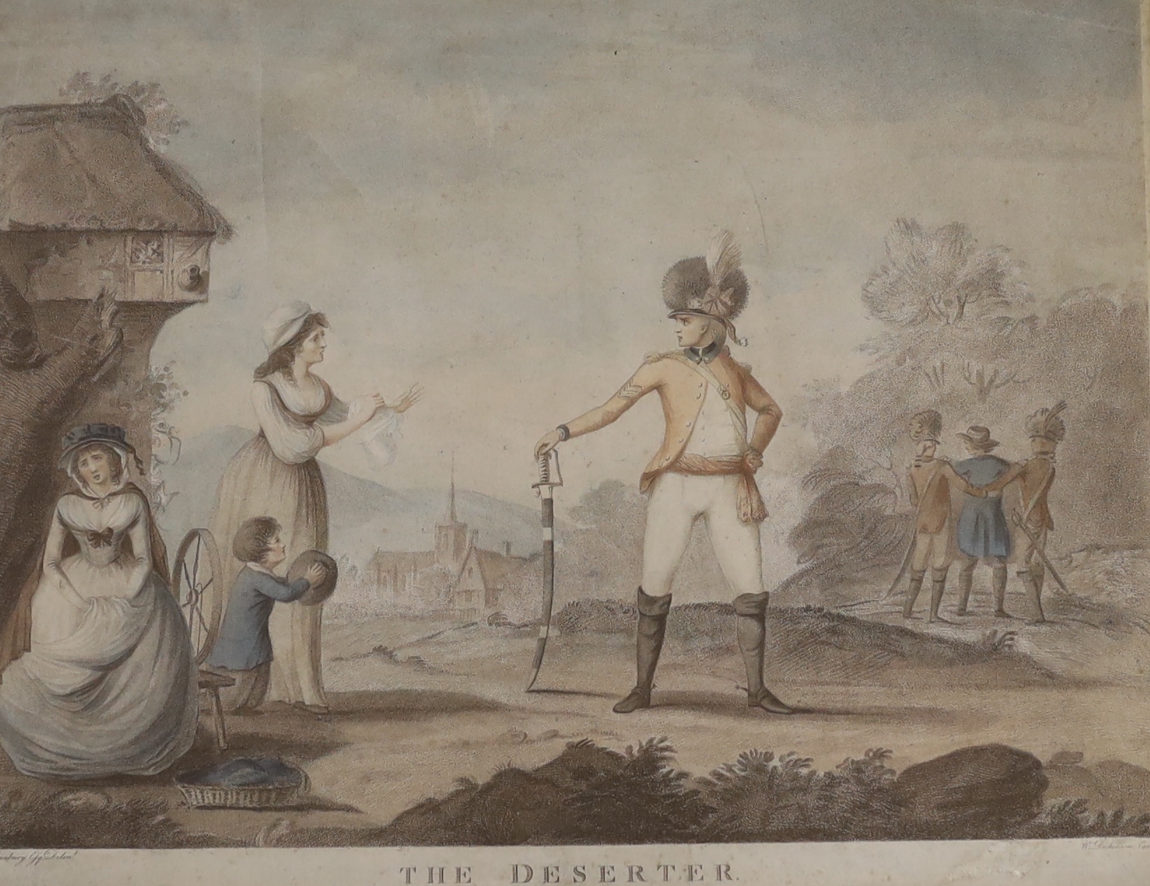 After Henry Bunbury (1750-1811), hand coloured engraving, 'The Deserter', publ. 1st March 1784 by W Dickinson, 38 x 48cm